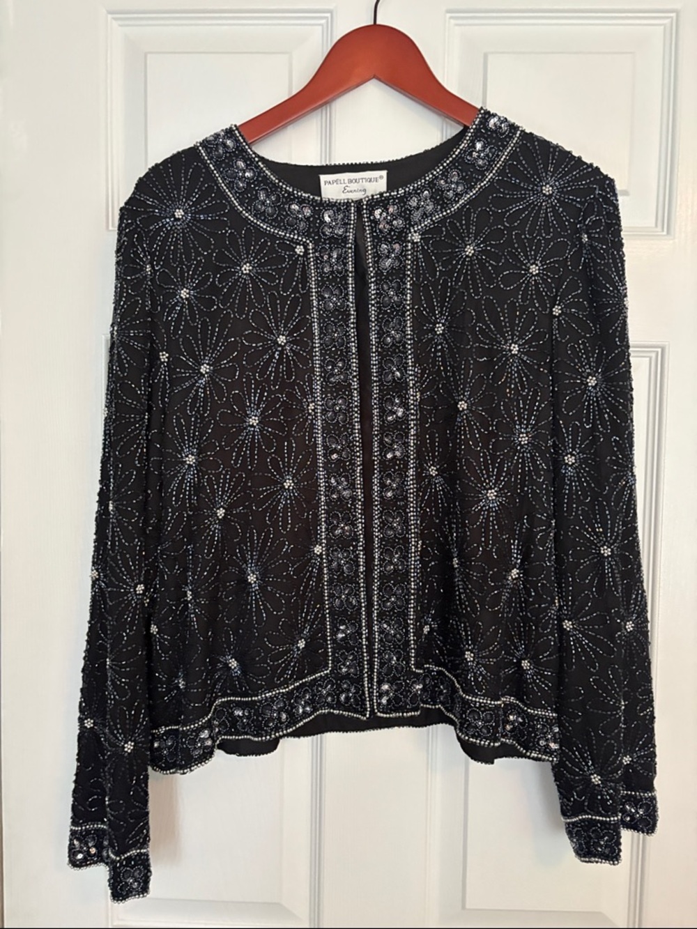 Papell Boutique navy Jacket with Silver Beaded Floral Design- size. Xl